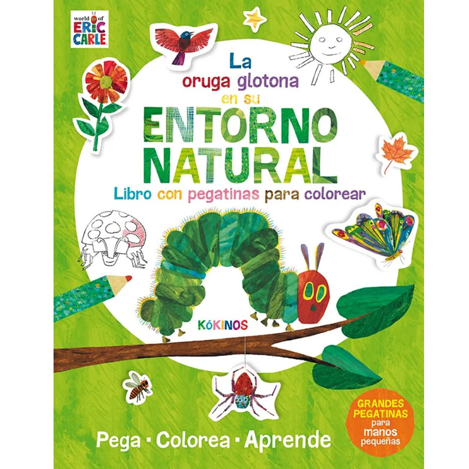 Peluche de La oruga glotona + libro de actividades en su entorno natural.