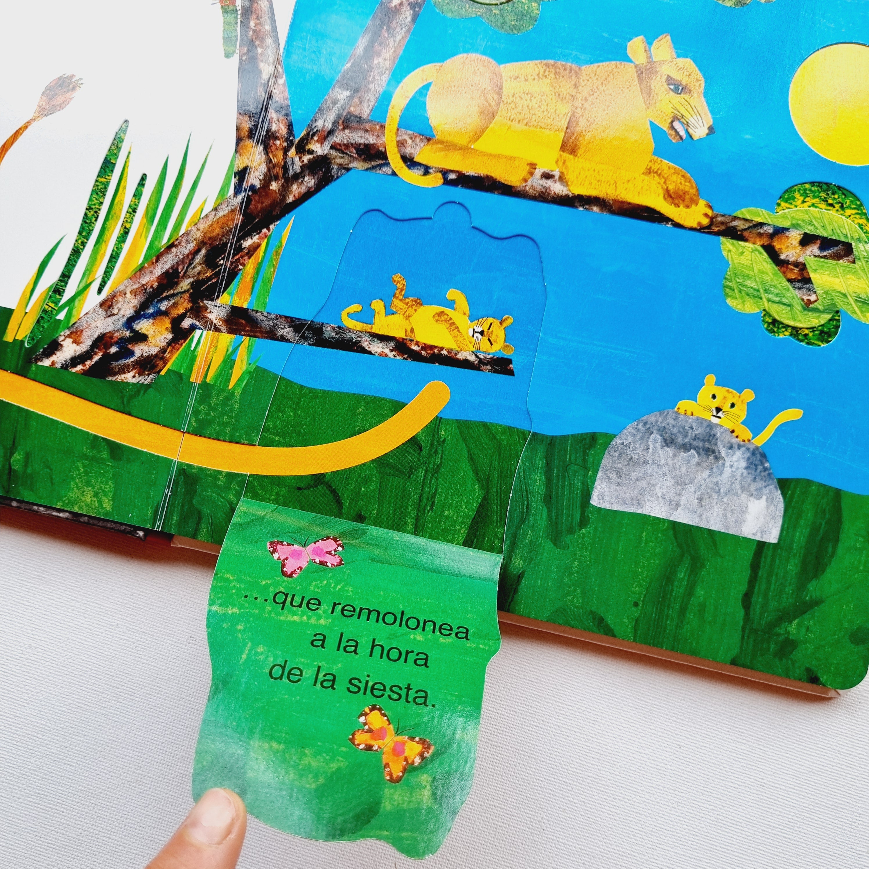 La pequeña oruga glotono juega al escondite con los animales
